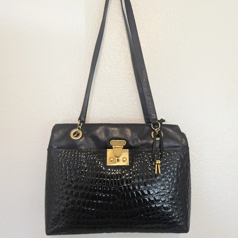 Bally Black Croc-Embossed Leather Shoulder Bag